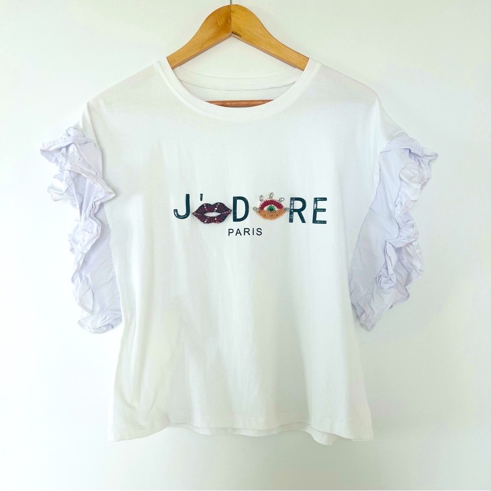 Parisian Chic White Ruffle Sleeve T-Shirt